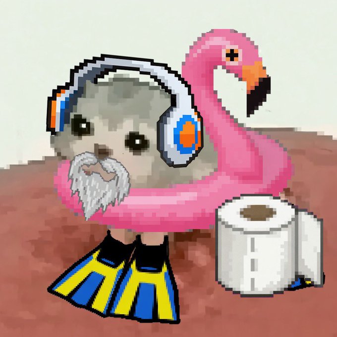 Pixel art of a gray kitten with headphones and a white beard, sitting in a pink flamingo floatie and wearing yellow and blue flippers, next to a roll of toilet paper.