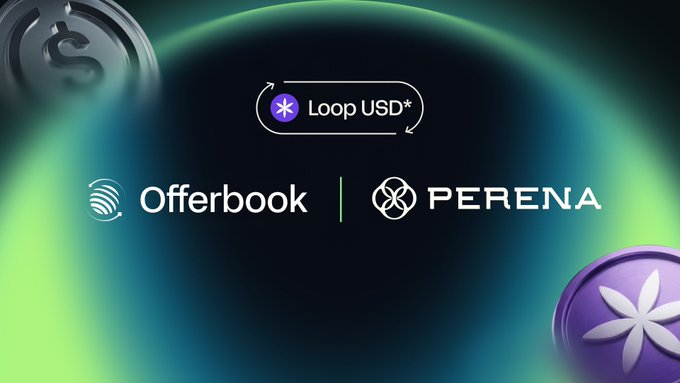 A graphic displays 'Loop USD*' alongside 'Offerbook' and 'PERENA' logos against a dark background with a green halo and crypto coins.