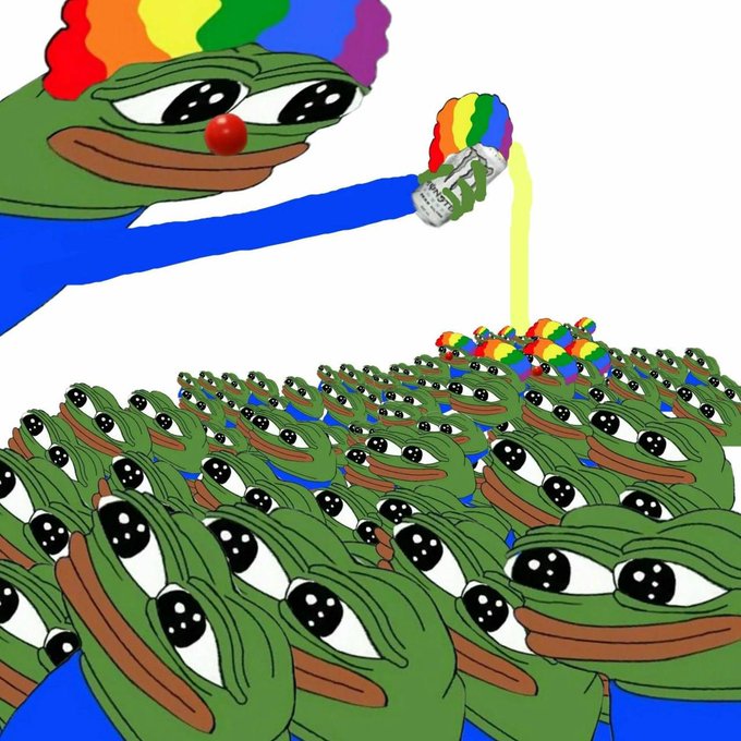 A crude digital drawing of Pepe the Frog with a rainbow afro holds a rainbow beer mug, pouring beer onto a massive crowd of Pepe faces, with rainbow-colored objects in the center.