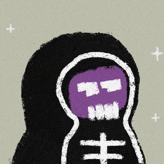 A stylized graphic illustration of a hooded figure with a purple skull face and skeletal ribcage design on a muted background.