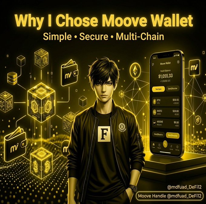 The image features a man standing next to an iPhone, which has a wallet app open on its screen. The app displays various types of wallets, including Bitcoin wallets, and the man appears to be interested in one of them. The text "Why I chose Moove Wallet" is written above the man's head, indicating that he made the decision to use this particular wallet system.