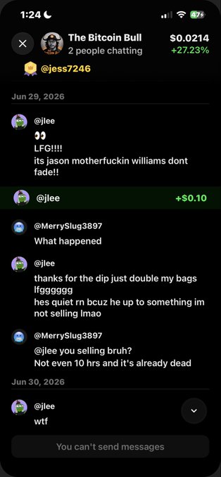 The image displays a chat log from "The Bitcoin Bull" group dated June 29, 2026, where users discuss a price surge to $0.0214 (+27.23%), with @jlee celebrating doubling their bags after a dip and @MerrySlug3897 warning that the asset is already dead.