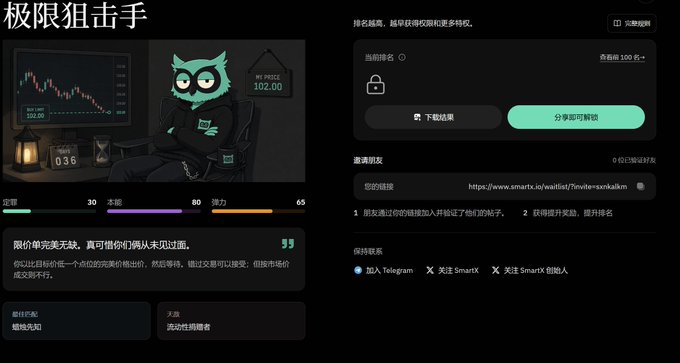 The image displays a dark-themed promotional webpage for "极限狙击手" (Limit Sniper) with a current rank of 100/100 shown, featuring a cartoon ninja mascot, trading charts, and a waitlist page (smartx.io/waitlist) where users can join via Telegram, SmartX, or SmartX group, accumulating 3,763 good karma points.

This aligns with the accompanying post promoting SmartX as a competitor to FOMO, highlighting its Yzi Labs investment and inviting users to register via the displayed invite link for "good karma."