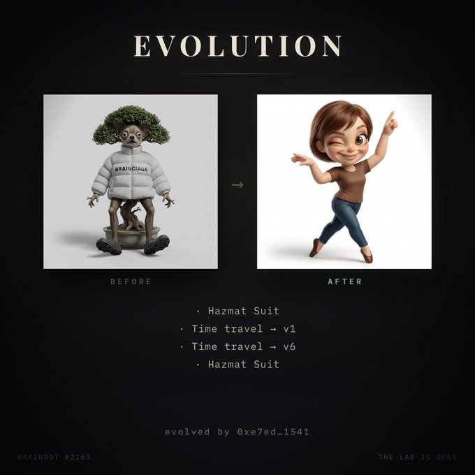 An 'EVOLUTION' graphic shows a 'BEFORE' image of a creature with a tree-like head in a 'BRAINROTAGUA' hazmat suit transforming into an 'AFTER' image of a winking cartoon woman, labeled 'BRAINROT #2163' and 'THE LAB IS OPEN'.
