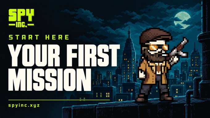 A pixel art game promotional banner for 'SPY INC.' with the text 'START HERE YOUR FIRST MISSION' showing a hooded character holding a rifle on a rooftop against a nighttime city skyline with a full moon.