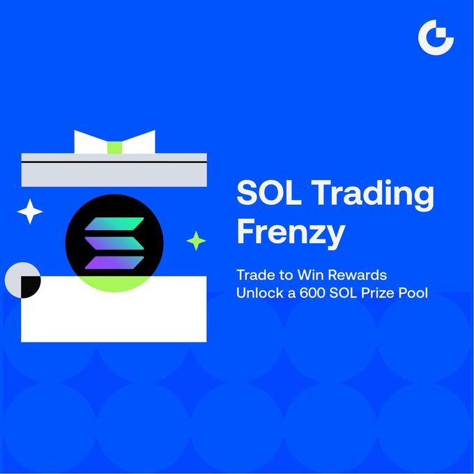 A promotional graphic for Gate.io's "SOL Trading Frenzy" campaign features the Solana logo alongside text reading "Trade to Win Rewards, Unlock a 600 SOL Prize Pool." The blue-themed design with sparkle accents visually reinforces the post's message about earning SOL rewards through trading and holding activities.