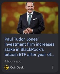 News card featuring a photo of Tudor Jones with headline: 'Paul Tudor Jones' investment firm increases stake in BlackRock's bitcoin ETF after a...'