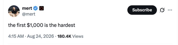 A tweet from verified user @mert reads 'the first $1,000 is the hardest', posted at 4:15 AM on Aug 24, 2026 with 180.4K views.