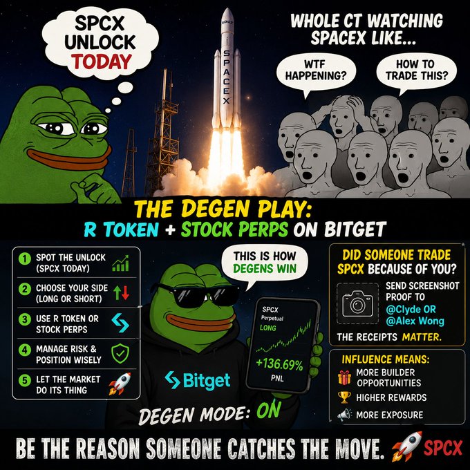 A meme graphic titled 'THE DEGEN PLAY: R TOKEN + STOCK PERPS ON BITGET', featuring Pepe the Frog characters reacting to a SpaceX rocket launch, promoting a trading strategy for SPCX unlock with steps and rewards listed.