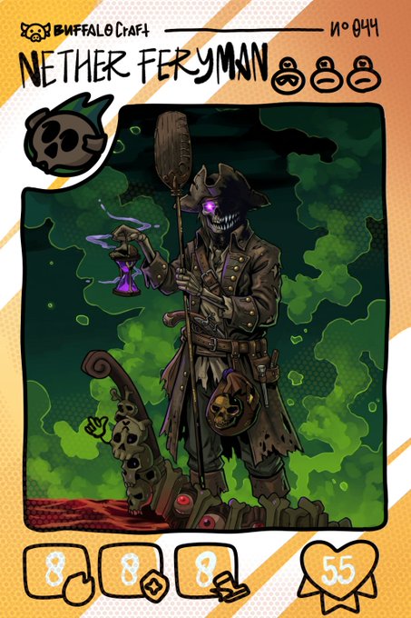 A 'Buffalo Craft' trading card labeled 'No 044 Nether Ferryman', depicting a dark fantasy character in a wide-brimmed hat holding a paddle and lantern in a green misty environment, with stats showing three 8s and a heart value of 55.