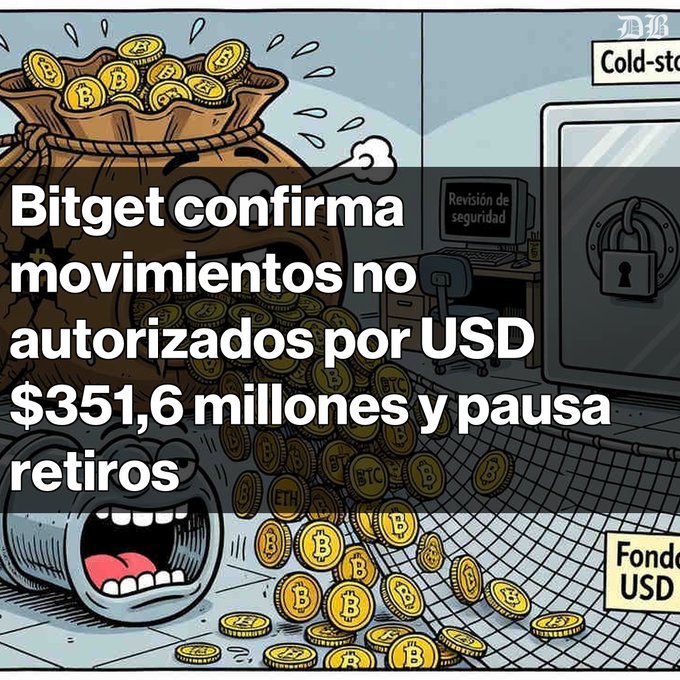 A cartoon image shows a bag of cryptocurrency coins (Bitcoin, Ethereum, etc.) overflowing in an office labeled "Cold-storage" with a padlock, accompanied by a crying character, illustrating Bitget's reported $351.6 million in unauthorized movements as the exchange pauses withdrawals for a security review.