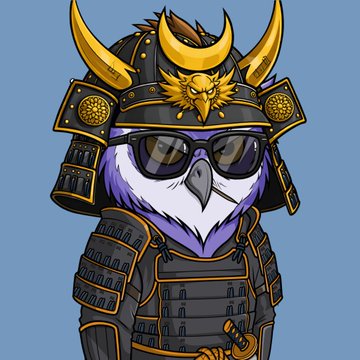 An illustration of a purple and white owl wearing black sunglasses and black samurai armor with gold accents against a blue background.