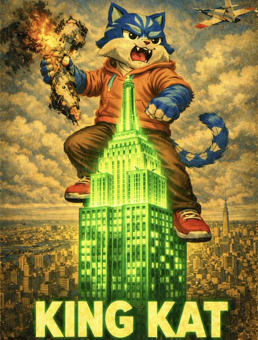 A poster titled "KING KAT" features an anthropomorphic blue and white cat in an orange hoodie standing atop a glowing green Empire State Building, holding a flaming mechanical object, with a fighter jet in the background.