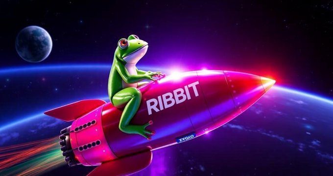 A colorful digital illustration of a green frog riding a pink rocket ship labeled 'RIBBIT' through space with Earth and the moon in the background.