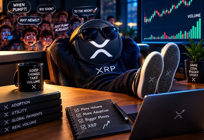 A stylized image of the XRP cryptocurrency mascot wearing sunglasses with feet up on a desk, surrounded by crypto enthusiasts asking 'WHEN PUMP?!' and '$10 SOON?', with charts showing rising volume and notes reading 'More Volume, More Adoption, Bigger Moves, XRP.'