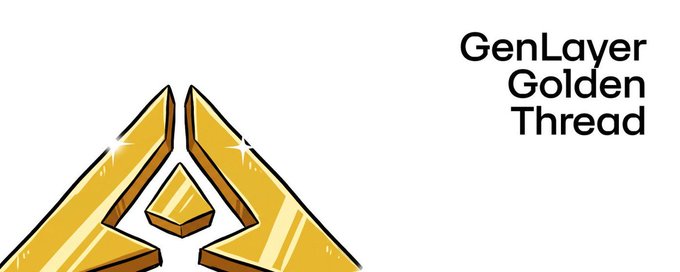 The image shows a golden, stylized triangular emblem with a small cube suspended in its center, alongside the text "GenLayer Golden Thread." The logo and title visually symbolize the post's theme of prediction markets and the need for a trusted, centralized mechanism ("golden thread") to resolve ambiguity in outcomes—much like how the golden, fixed design represents a definitive resolution point amid uncertainty.