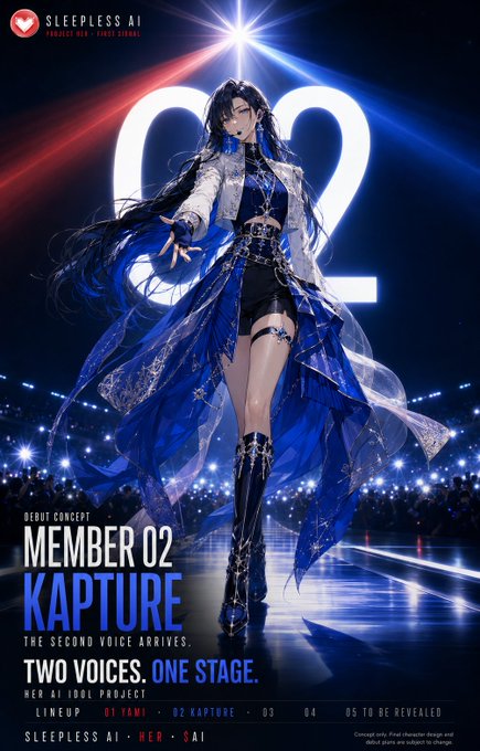 A promotional poster from Sleepless AI's PROJECT HER introduces "Member 02 KAPTURE," depicting a long-haired anime-style character in an elaborate blue and black stage outfit, with text announcing "THE SECOND VOICE ARRIVES. TWO VOICES. ONE STAGE." alongside the lineup featuring Lineup 01 Yami, 02 Kapture, and members 03-05 to be revealed, with the ticker $AI referenced in the post.