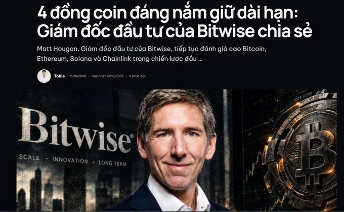 Vietnamese-language article titled '4 đồng coin đang nắm giữ dài hạn: Giám đốc đầu tư của Bitwise chia sẻ' featuring Bitwise CIO Matt Hougan discussing Bitcoin, Ethereum, Solana, and Chainlink.