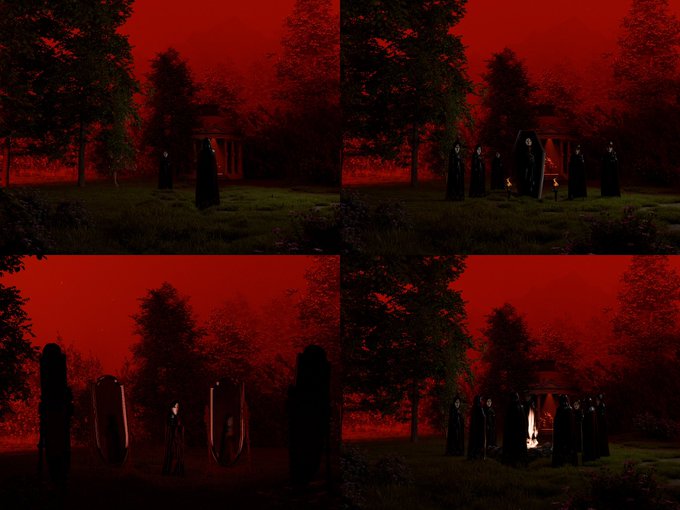 A four-panel artistic composition with a deep red sky showing shadowy figures in dark cloaks gathered around coffins and a stone structure in a forest setting.