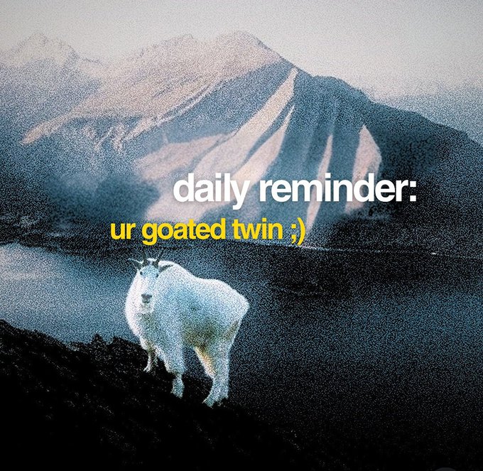 The image features a goat standing on top of a mountain with a body of water below. The caption reads "Daily reminder: ur goats twin". This message seems to be related to the goat's presence, as if someone has tagged the goat or is tagging the goat in some way.