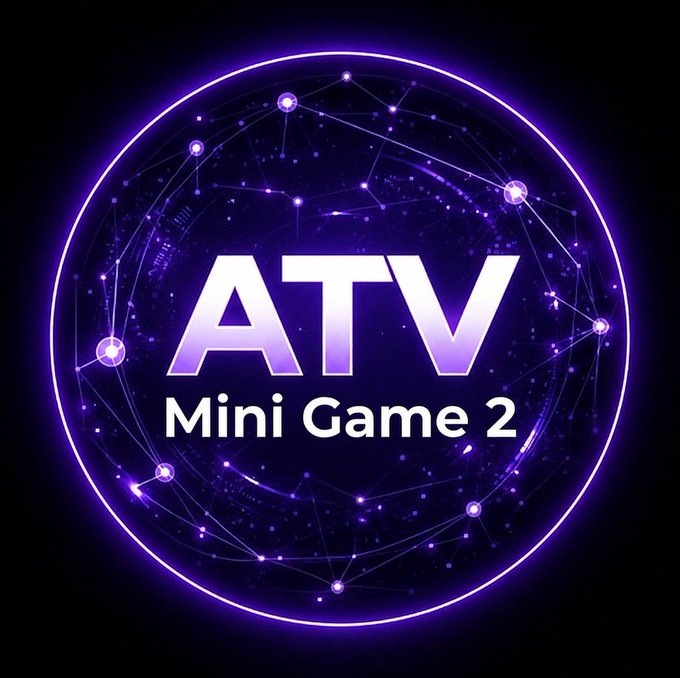 A glowing purple circular logo with network-like nodes and connections displays "ATV Mini Game 2" in bold white text, serving as the title graphic accompanying the announcement of winners for the second ATV mini game competition.