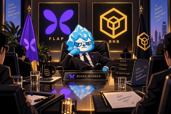 A stylized blue-haired character in a suit sits at a boardroom table labeled "BOARD MEMBER," flanked by "FLAP" and "BNB" logos with the directives "BUILD, PARTNER, EXPAND, THE NEXT BILLION." The scene visually reinforces the post's message of $FSTOCK joining the table alongside @flapdotsh and @BNBCHAIN for a strategic partnership.