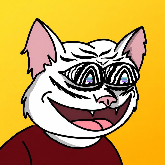A cartoonish illustration of a white cat with an exaggerated grin, wearing zebra-striped sunglasses with rainbow lenses, set against a yellow background.