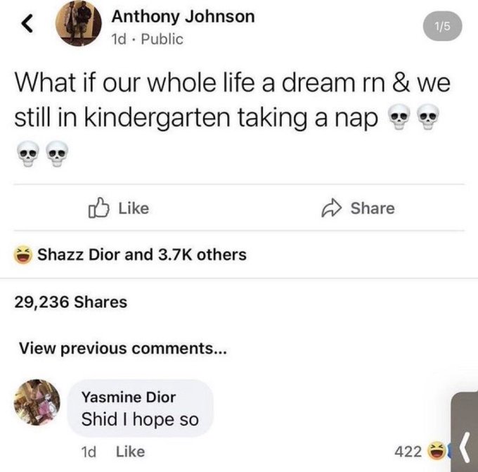 A screenshot of a Facebook post by Anthony Johnson reads, 'What if our whole life a dream rn & we still in kindergarten taking a nap' followed by skull emojis, with a reply from Yasmine Dior saying 'Shid I hope so.'