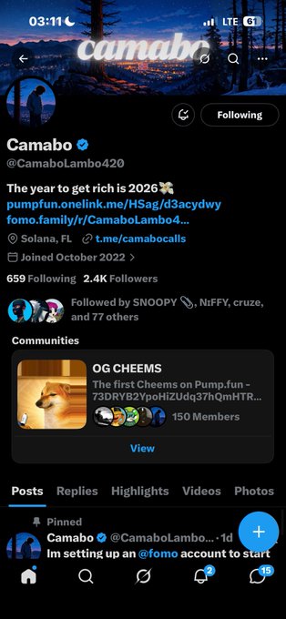 A Twitter/X profile page for "Camabo" (@CamaboLambo420), a verified account with 659 Following and 2.4K Followers, displaying a pinned tweet about setting up a FOMO account. The post references a transaction ID "BakyXRTtW2cdivHrqoENQhSfaMjGLRgDudV8QSBGcKNf," suggesting the screenshot documents Camabo's first crypto win shared on the platform.