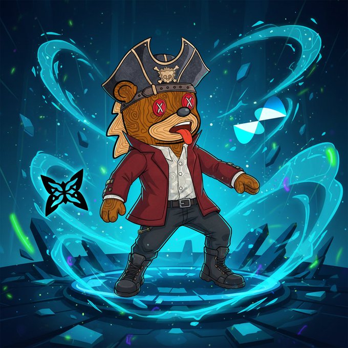 The image features a cartoon bear wearing a pirate hat, standing on a platform with a blue background that looks like a wave or ocean. The bear appears to be jumping back into the Quip Network test phase, which suggests that there might have been some sort of update or bug fix in the system. This update has resulted in smoother sessions for users. The image also includes text elements such as "Jumped back into the Quip Network test phase this morning once more", indicating a connection to the Quip Network and its testing process.