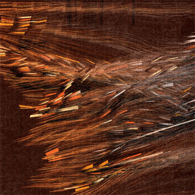 An abstract artwork composed of energetic, diagonally streaked brushstrokes in deep brown, copper, orange, gray, and white.
