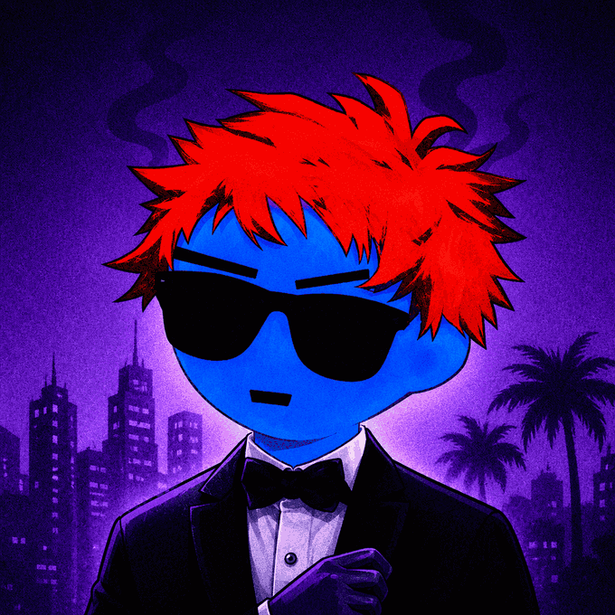 A digital illustration of a blue-skinned character with spiky red hair wearing sunglasses and a tuxedo against a purple cityscape backdrop.