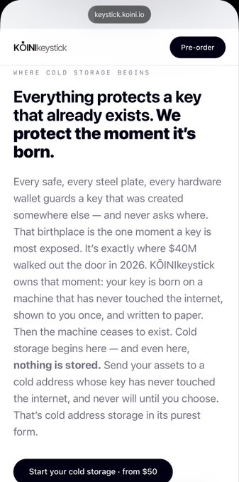 A mobile screenshot from 'keystick.koinl.io' for KÖINlkeystick reads 'WHERE COLD STORAGE BEGINS' and explains that they protect keys from the moment they are born, offering cold storage starting at $50.
