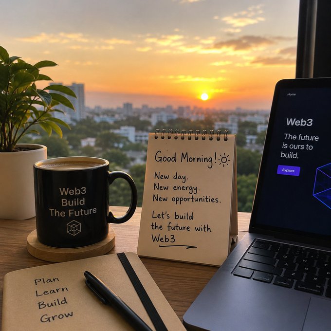 A desk setup at sunrise featuring a laptop showing 'Web3: The future is ours to build', a black mug reading 'Web3 Build The Future', and a notepad with 'Good Morning! New day. New energy. New opportunities. Let's build the future with Web3'.