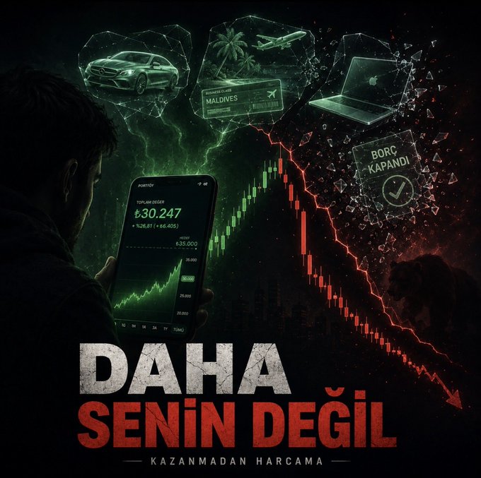 The image is a dramatic motivational graphic showing a person looking at a crypto portfolio on their phone displaying ₺30,247 (up %26.61 / +₺6.405), with a green ascending chart leading to luxury desires like a Mercedes, Maldives trip, and a MacBook, contrasted against a crashing red chart and a broken "BORÇ KAPANDI" (Debt Closed) badge — visualizing the post's warning about spending crypto gains before they're realized, summed up by the bold text "DAHA SENİN DEĞİL — KAZANMADAN HARCAMA —" (It's not yours yet — don't spend before you earn).