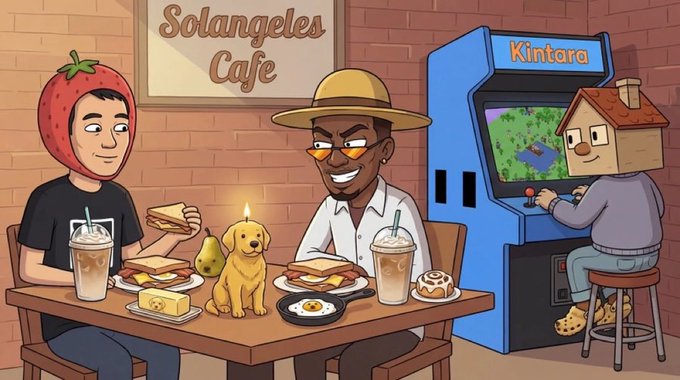 The image features a cartoon scene of people sitting at a table with sandwiches, drinks, and a dog. There are two men seated at the table, one wearing a straw hat and another wearing glasses. A third person can be seen standing behind them. The table is covered in various food items such as sandwiches, donuts, and drinks like iced tea and coffee. In addition to these items, there are also some carrots on the table. The cartoon depicts a social gathering or mealtime among friends, with everyone enjoying their time together while sharing food and conversation.