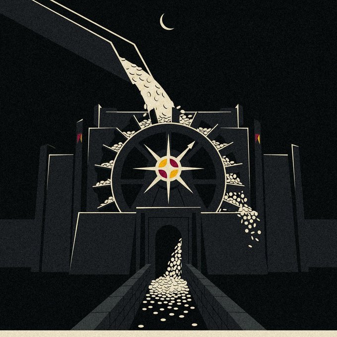 A stylized illustration of a dark castle with a large wheel emblem, with coins pouring out of a chute at night under a crescent moon.