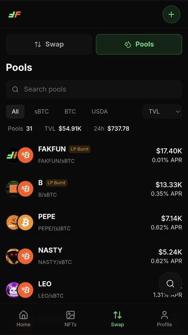 Screenshot of a cryptocurrency exchange mobile app showing the 'Pools' page with liquidity pools including FAKFUN/sBTC, B/sBTC, PEPE/sBTC, NASTY/sBTC, and LEO/sBTC, with TVL of $54.91K and 31 total pools.