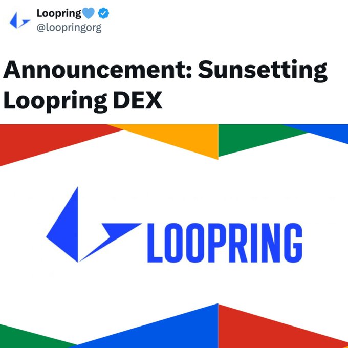 A post from Loopring (@loopringorg) announcing the sunsetting of Loopring DEX, featuring the Loopring logo over a geometric red, yellow, green, and blue background.