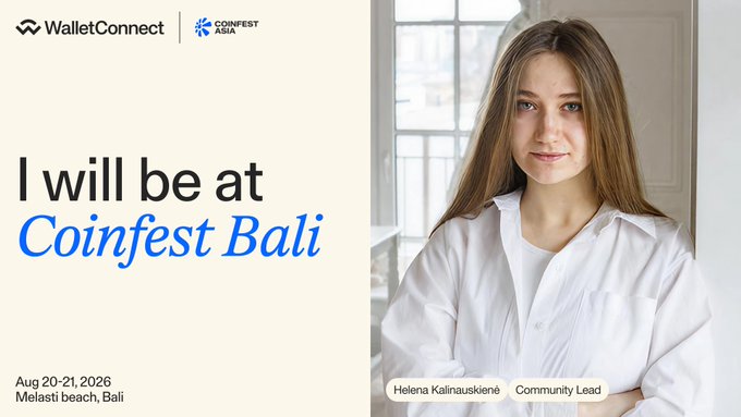 A promotional graphic announcing Helena Kalinauskienė, Community Lead, will be at Coinfest Bali on Aug 20-21, 2026 at Melasti beach, featuring logos for WalletConnect and Coinfest Asia.