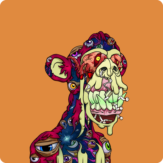 A digital illustration of a grotesque, mutated creature with exposed teeth, a brain visible on top of its head, and multiple eyes embedded in its red fur against an orange background.