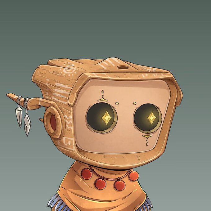 A digital illustration of a small robot-like character with a wooden-textured square head, large glowing yellow eyes, and tribal-style markings, wearing a beaded necklace and earrings with feathers.