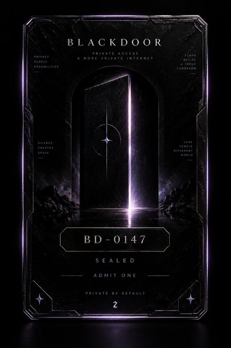 A dark, mystical tarot-style card featuring a glowing doorway with the text 'BLACKDOOR', 'BD-0147', 'SEALED', 'ADMIT ONE', and 'PRIVATE BY DEFAULT' set against a black background with purple accents.