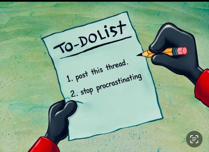 A cartoon hand holding a pencil next to a 'TO-DO LIST' with two items: '1. post this thread. 2. stop procrastinating'.
