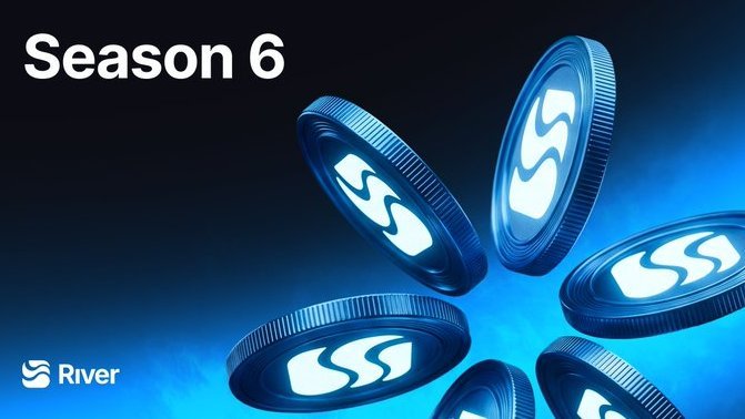 A promotional graphic for "Season 6" featuring several floating blue metallic coins with a stylized 'S' logo, with the "River" brand name in the bottom left corner.