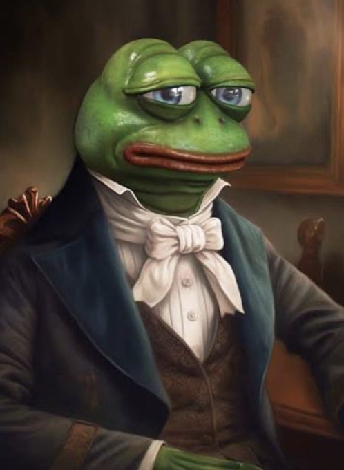 A classical-style portrait painting of Pepe the Frog dressed in formal 19th-century attire with a white cravat and dark coat.