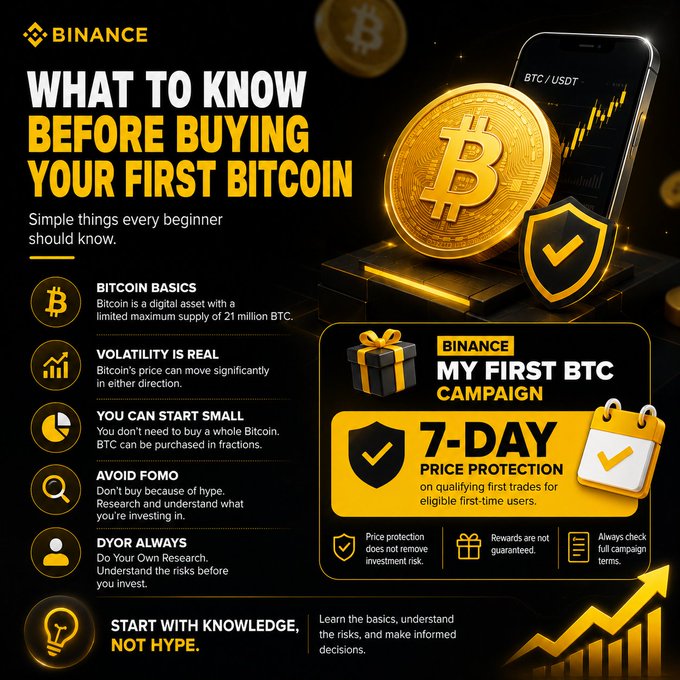 Binance promotional infographic titled 'WHAT TO KNOW BEFORE BUYING YOUR FIRST BITCOIN' with sections on Bitcoin basics, volatility, and their 'MY FIRST BTC CAMPAIGN' offering 7-day price protection.