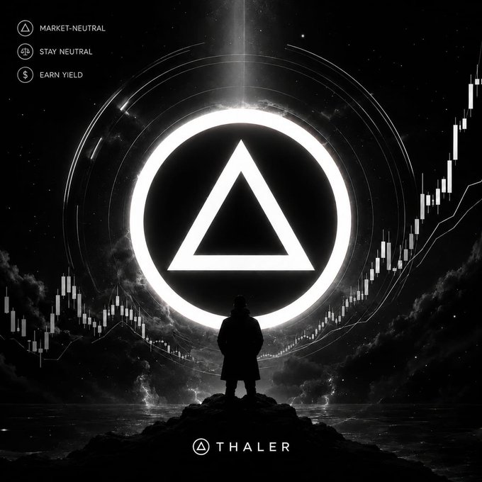 A dramatic black-and-white promotional graphic featuring a silhouetted figure standing on a rock before a glowing circular emblem containing a triangle, with the text 'MARKET-NEUTRAL', 'STAY NEUTRAL', 'EARN YIELD', and the brand name 'THALER' displayed at the bottom.