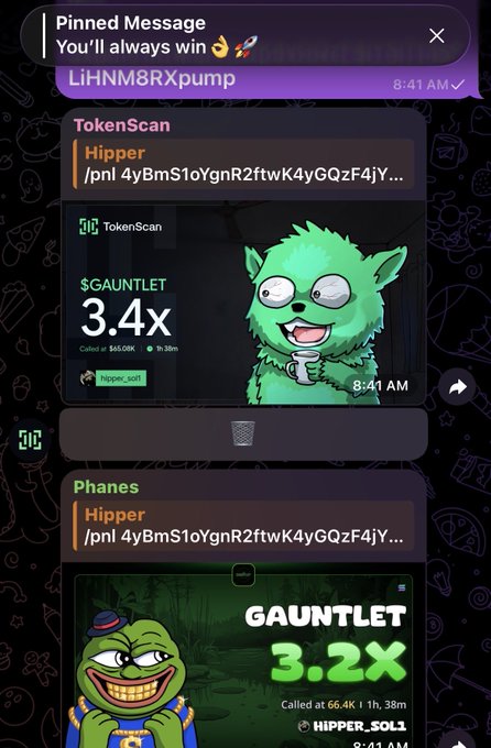 A Telegram chat interface featuring pinned messages and 'TokenScan' alerts from 'Hipper' (hipper.sol) showing '$GAUNTLET' with multipliers '3.4x' and '3.2x,' illustrated with Pepe-style green characters.