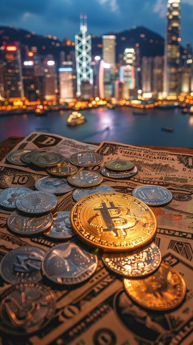 A golden Bitcoin coin rests atop a pile of various silver and gold cryptocurrencies and US dollar bills, with the illuminated Hong Kong skyline visible across the harbor in the background.